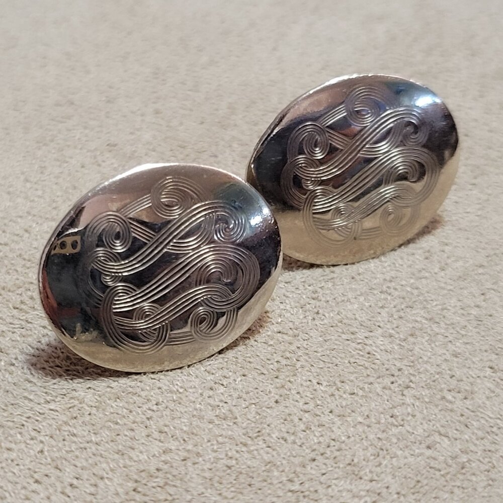 Vtg Etched Art Deco Silver Oval Cuff Links